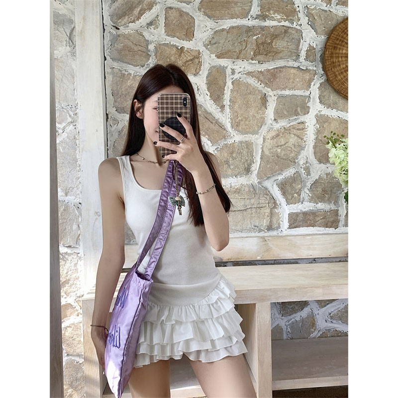 Korean chic good quality white suspender dress for women summer sleeveless vest slim short skirt hot girl cake skirt