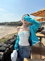 奈莉甜酒 設計感針織開衫上衣女修身抹胸吊帶背心套裝春