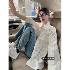 原版質量防曬衫外套女春秋季新款鏤空設計感寬鬆中長款襯衫潮