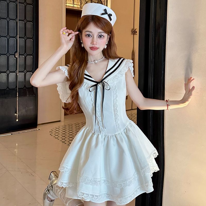 新款海軍風少女感純欲甜美小眾設計感連衣裙夏小個子公主蓬蓬裙子