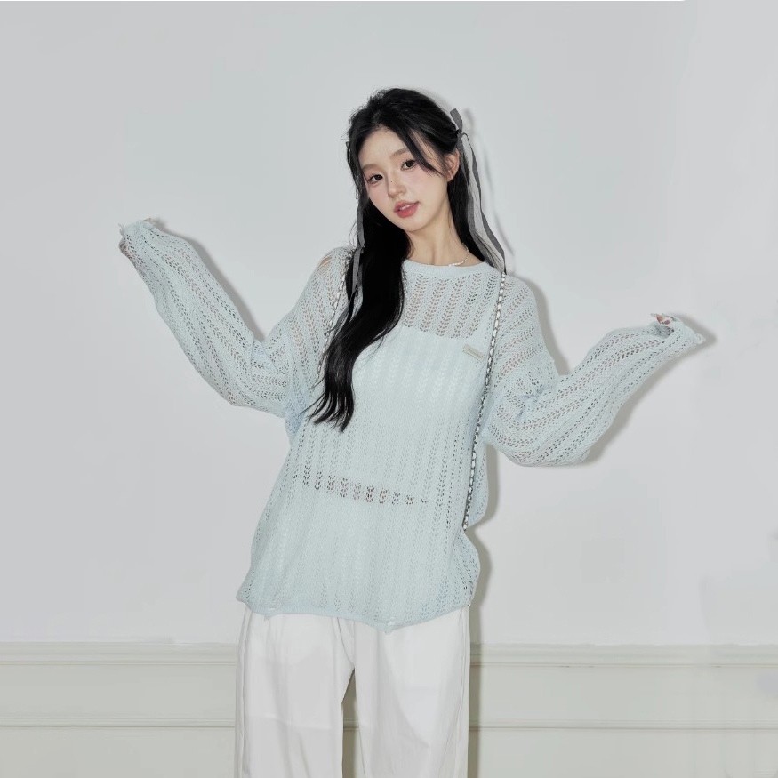 French loose lazy style hollowed-out top for women with long-sleeved summer new small fresh thin sunscreen knitted blouse