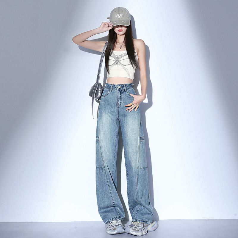 Real shot of 2025 spring straight work pants denim women slim wide-leg pants American retro casual pants