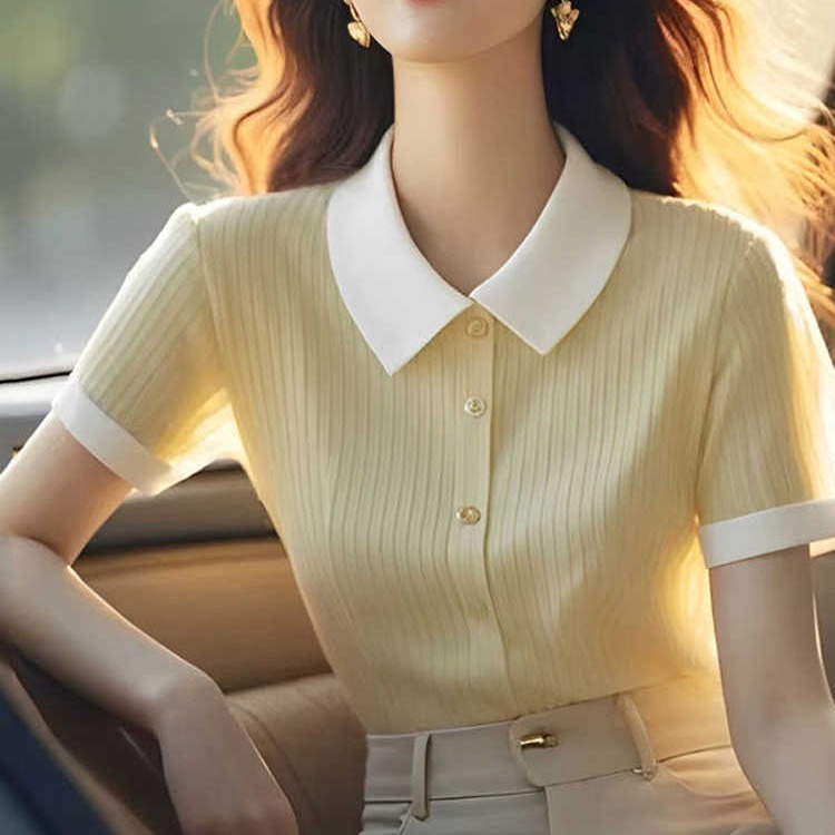 Elegant temperament and popular beautiful tops in summer new product lapel short sleeve color blocking and thin style versatile knitted cardigan