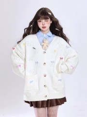 蝴蝶結鏤空針織開衫秋冬季設計感寬鬆顯瘦打底百搭軟糯毛衣外套女