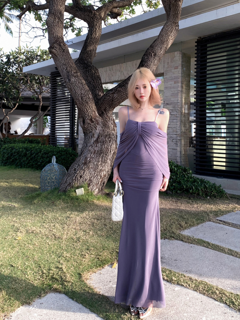 Real shot of purple strapless dress with a lady's temperament design and fake two-piece hip-cover skirt