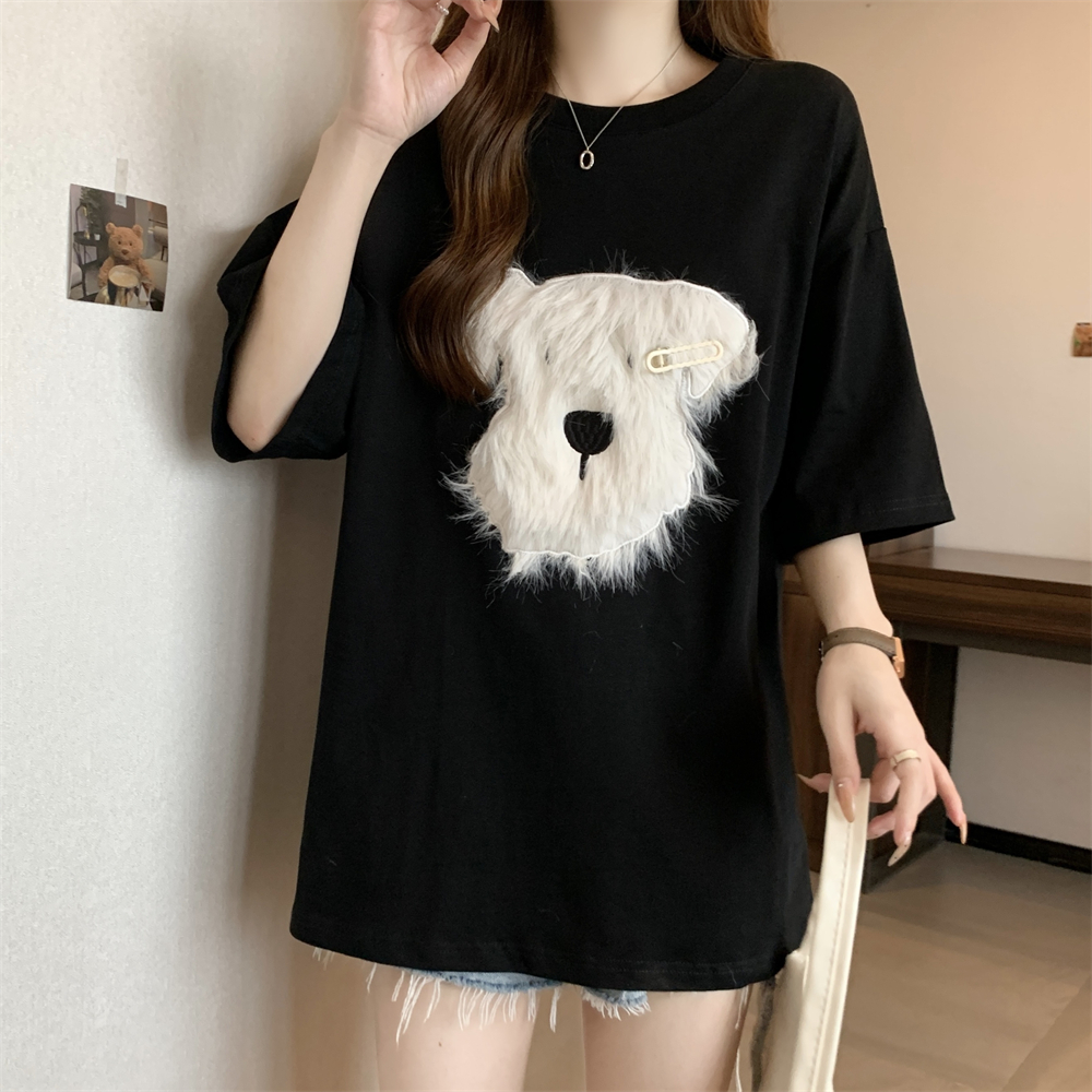 實拍  220g純棉100%綿夏裝短袖T恤女毛巾繡髮夾