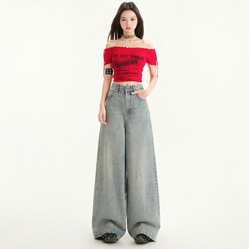 Real shot of 2025 spring fashion retro high waist washing wide-leg jeans for women loose slim casual floor pants