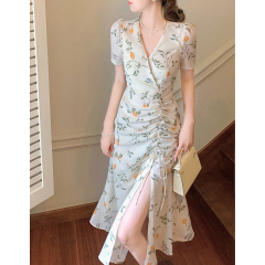 French Herve Leger style niche design high-end slimming cinched bubble sleeve floral tea party dress for children summer