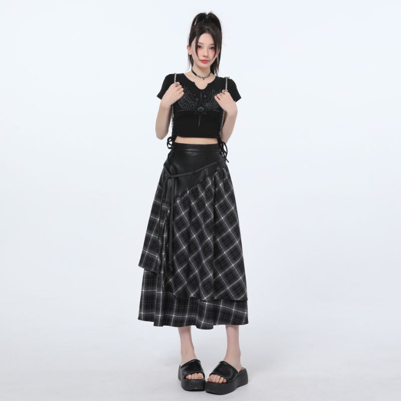 Real shot of 2025 spring and summer fashionable splicing design irregular high-waist skirt versatile midi skirt