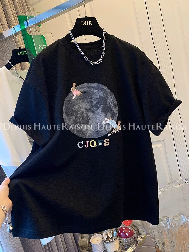 大碼300斤洋氣減齡刺繡小兔子短袖T恤寬鬆上衣女2025夏