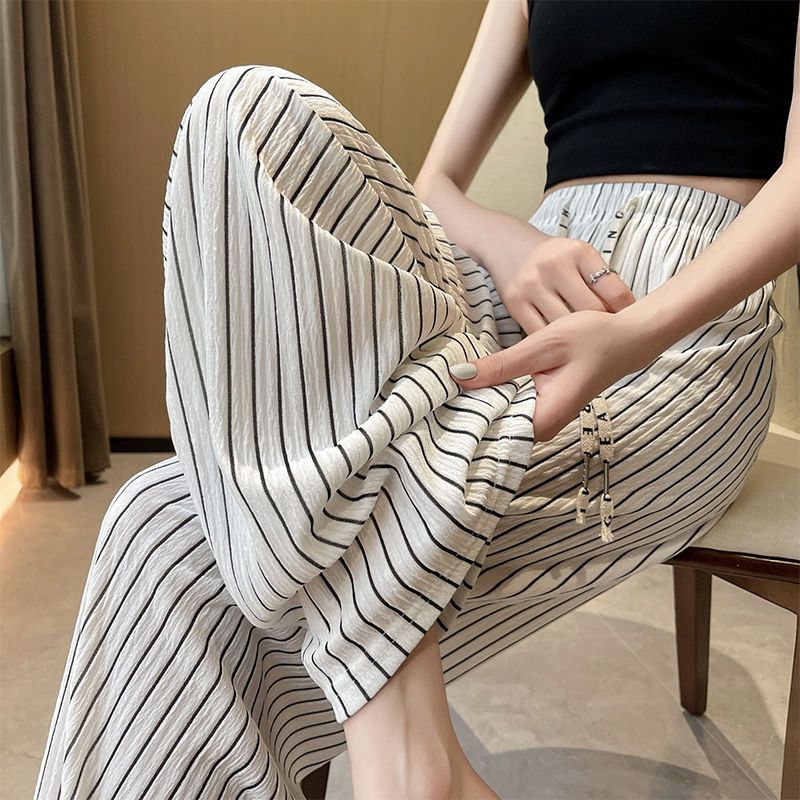 Original fabric Black and white striped wide-leg pants for women in summer thin high-waisted slim casual straight-leg pants
