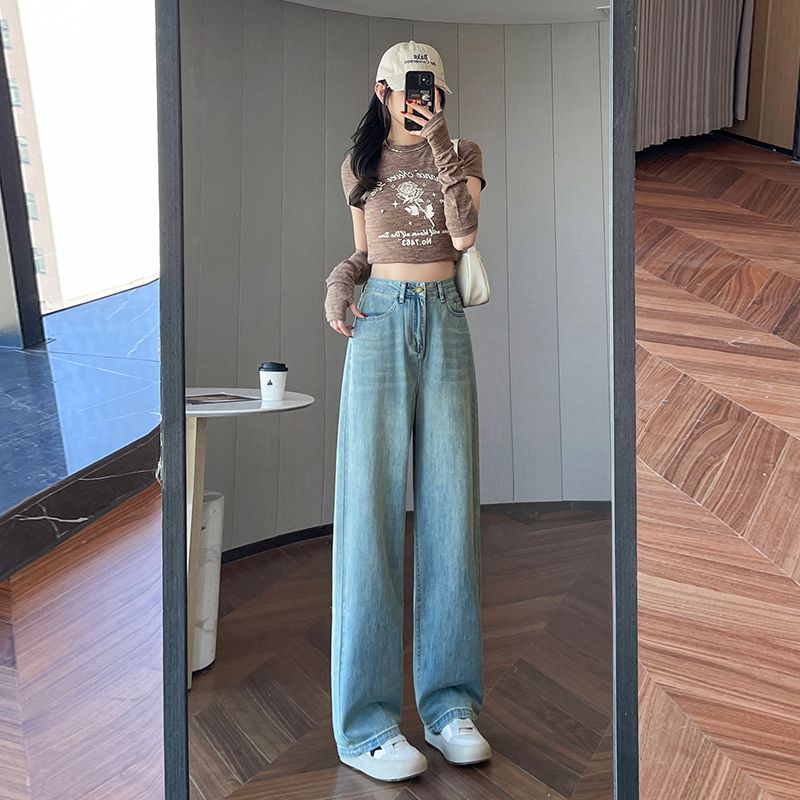 Real shot of 2025 spring fashion trend casual pants for women high waist drooping wide-leg pants