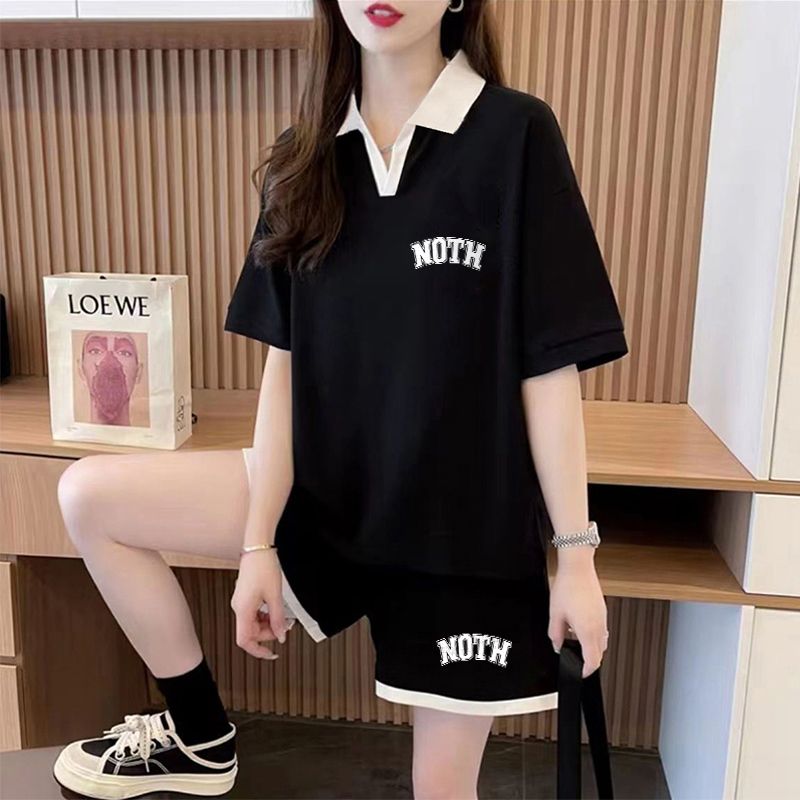 Real-life pure cotton 32 double yarn 230g summer new polo short-sleeved T-shirt shorts suit women's large size two-piece set