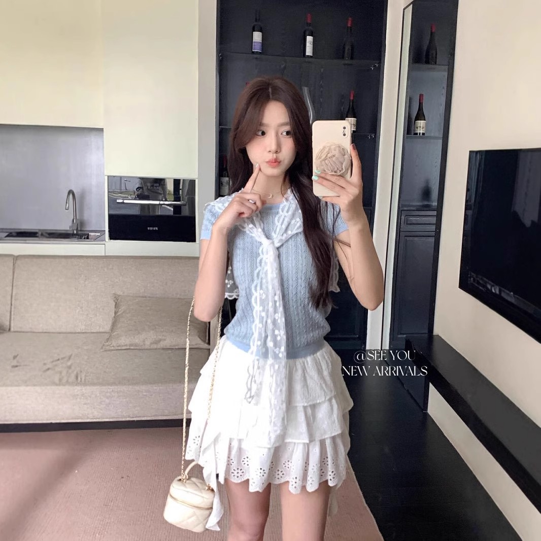 SEE YOU Thirteen-row shawl short-sleeved ice silk hook versatile top knitted sweater with lace shawl