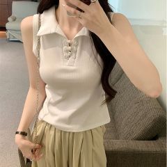 新中式盤扣polo領無袖背心女夏新款國風設計感修身短款上衣