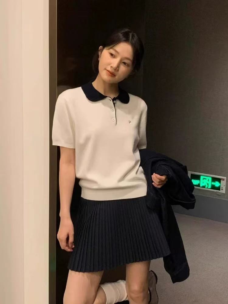 Korean college style puppy embroidered polo lapel sweater short sleeves women's summer doll collar front shoulder short top