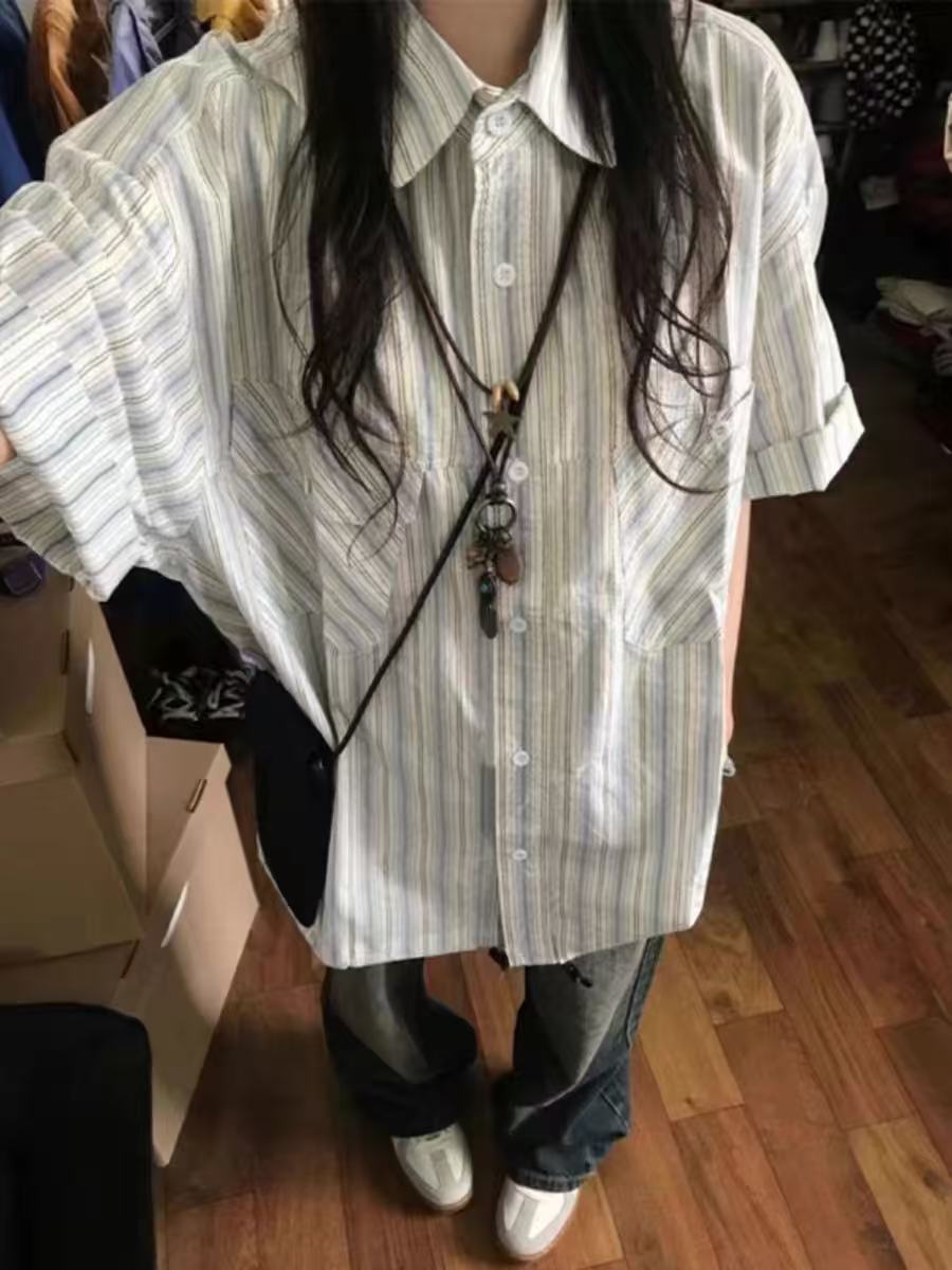 日系復古藍色條紋短袖襯衫女夏季2025新款小眾設計感寬鬆襯衣上衣
