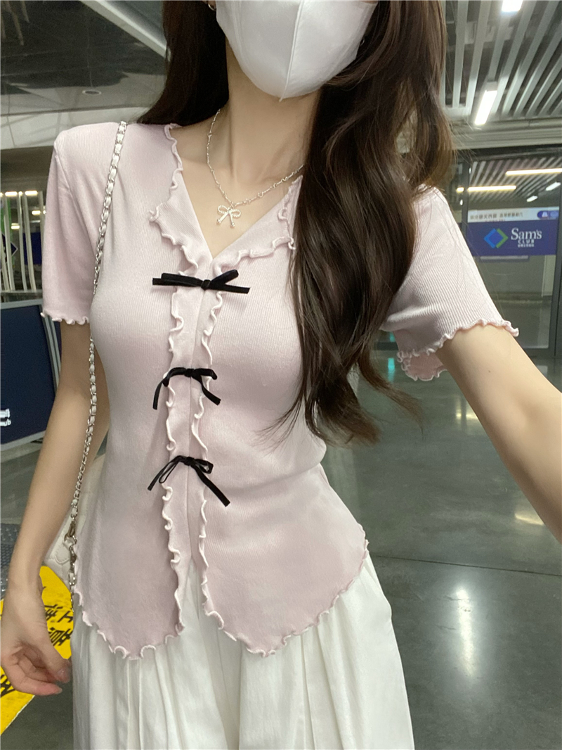 Real shot Korean style, short-sleeved sweater, women's slim fit, slim V-neck short top