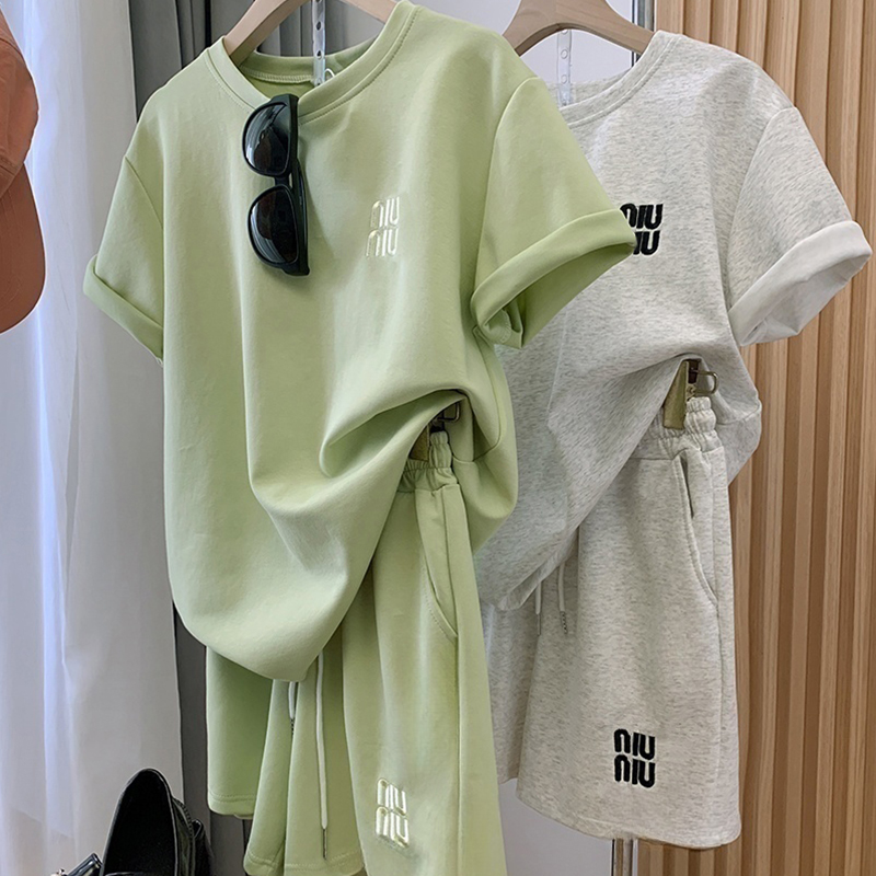 Imitation cotton embroidered summer casual suit for women's sports wear versatile slim shorts shorts and two-piece set