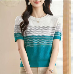 圓領針織衫2025夏裝新款女裝時尚漸變色條紋短袖正肩套頭上衣