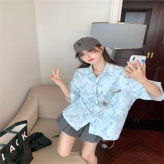 港風復古短袖襯衫女夏季愛心鏈條薄款襯衣設計感小眾寬鬆上衣ins