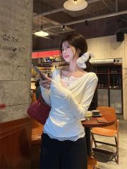 260克人棉 蕾絲花邊拼接盪領長袖T恤褶皺修身設計感純欲打底上衣