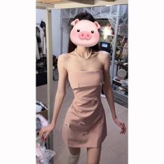 純欲風粉色立體蝴蝶結抹胸連衣裙女秋冬性感小香風顯瘦收腰生日裙