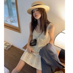 鏤空海邊度假風沙灘裙針織吊帶裙女夏季小個子設計感連衣裙短裙子