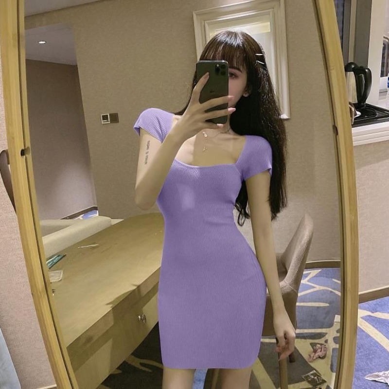 連衣裙夏季新款辣妹氣質修身顯瘦小個子方領包臀裙性感修身打底裙