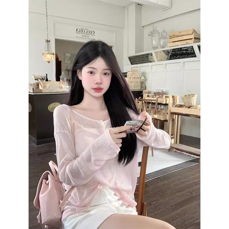 Official picture original fabric loose lazy long-sleeved T-shirt sunscreen blouse women's beautiful back hollow top