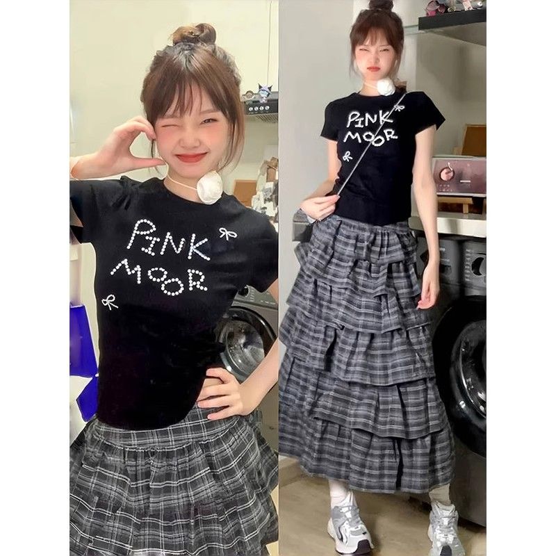 2025春夏甜美學院百搭小眾格紋多層蛋糕蓬蓬長裙半身裙女A字裙子