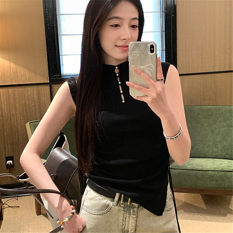 Chabreil Tennis 16-needle island essence front and back two-wear pleated waist-closing T-shirt for women spring knitted top