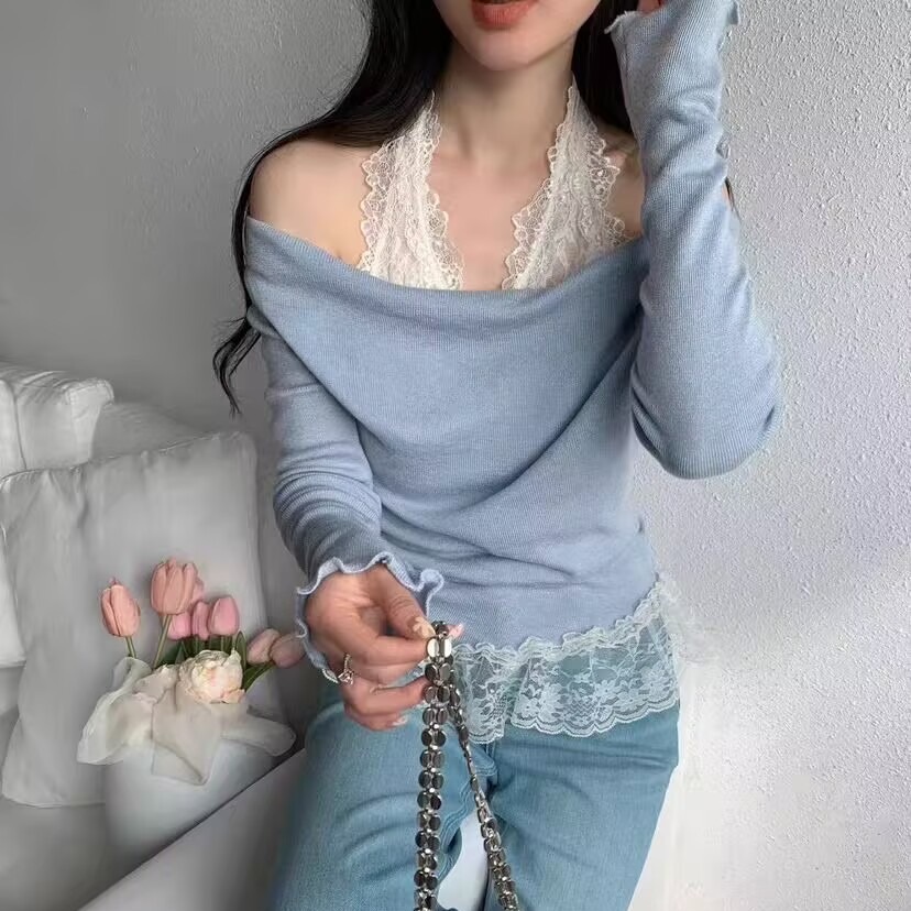 SQ家2025春夏新款設計感拼接蕾絲花邊堆堆領長袖假兩件針織衫上衣
