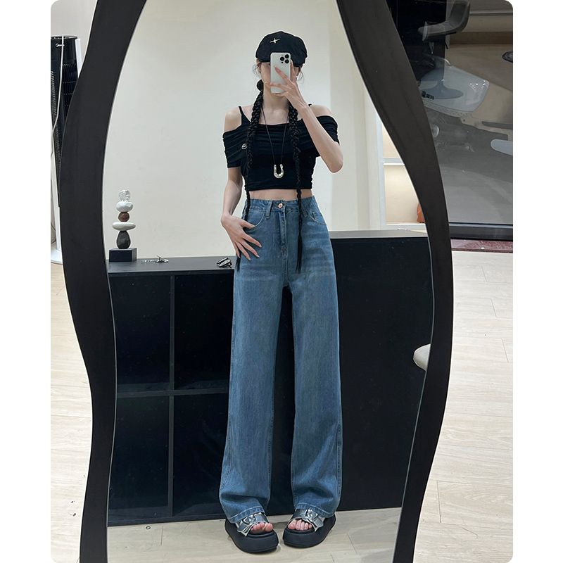 Real shot of 2025 spring and summer fashion tensile narrow version wide-leg jeans women's straight-leg pants