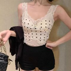 法式波點蕾絲拼接吊帶女夏季修身內搭甜辣妹無袖背心短款上衣
