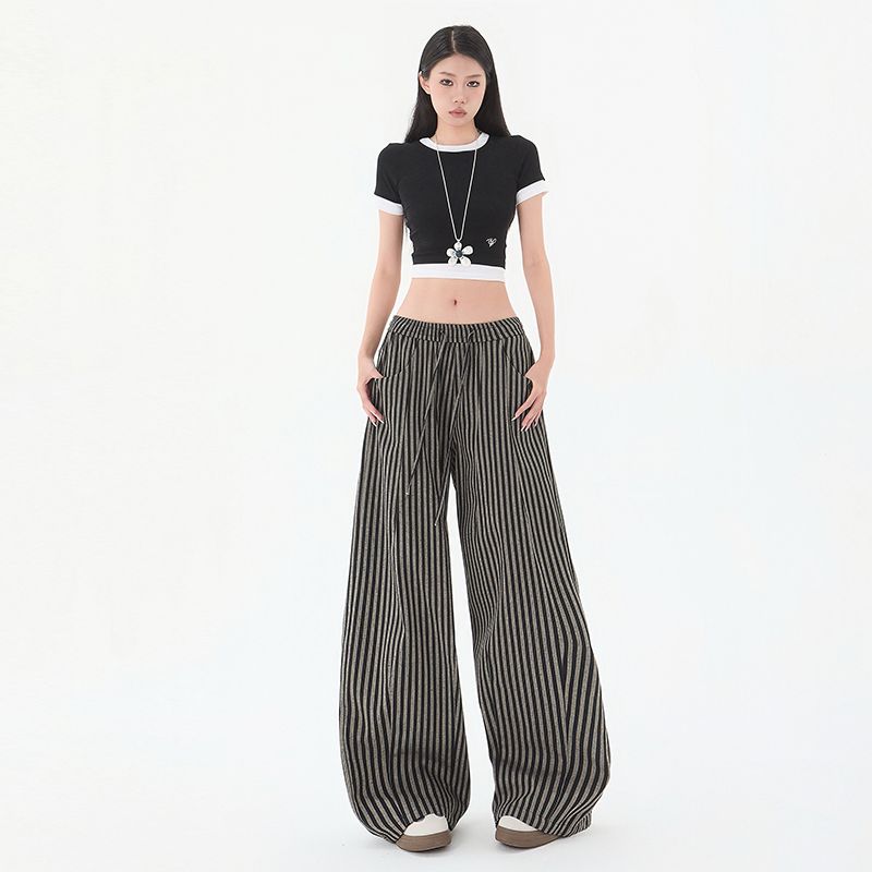 Real shot of 2025 spring retro striped draped casual pants for women straight wide-leg pants