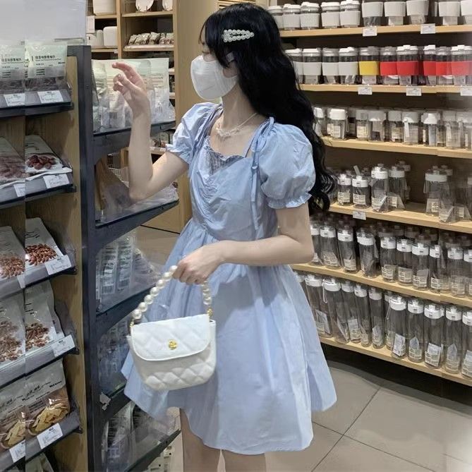 藍色甜美格子泡泡袖方領連衣裙女學生夏季韓版收腰顯瘦過膝a字裙
