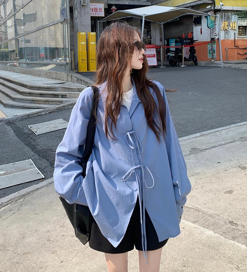 高級感輕奢減齡洋氣系帶襯衫女春韓系穿搭寬鬆慵懶風百搭藍色上衣