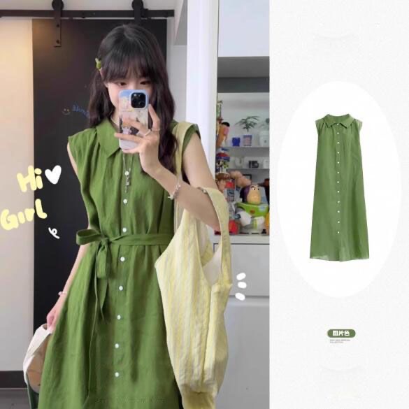 Green sleeveless dress for women, summer 2025, high-end French retro, waist-cinching, slimming, whitening, elegant long dress
