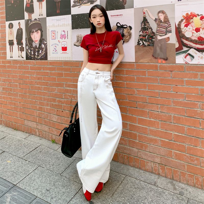 Real shot of 2025 spring fashion contrast line design American loose wide legs high waist slim jeans for women