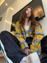 80滌17人棉3氨綸黃色格子襯衫設計感高級早秋chic上衣潮