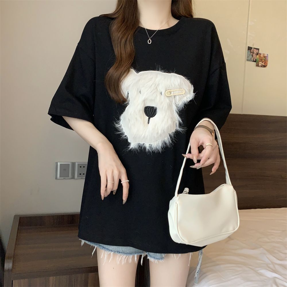 實拍 220g純棉100%綿夏裝短袖T恤女毛巾繡髮夾