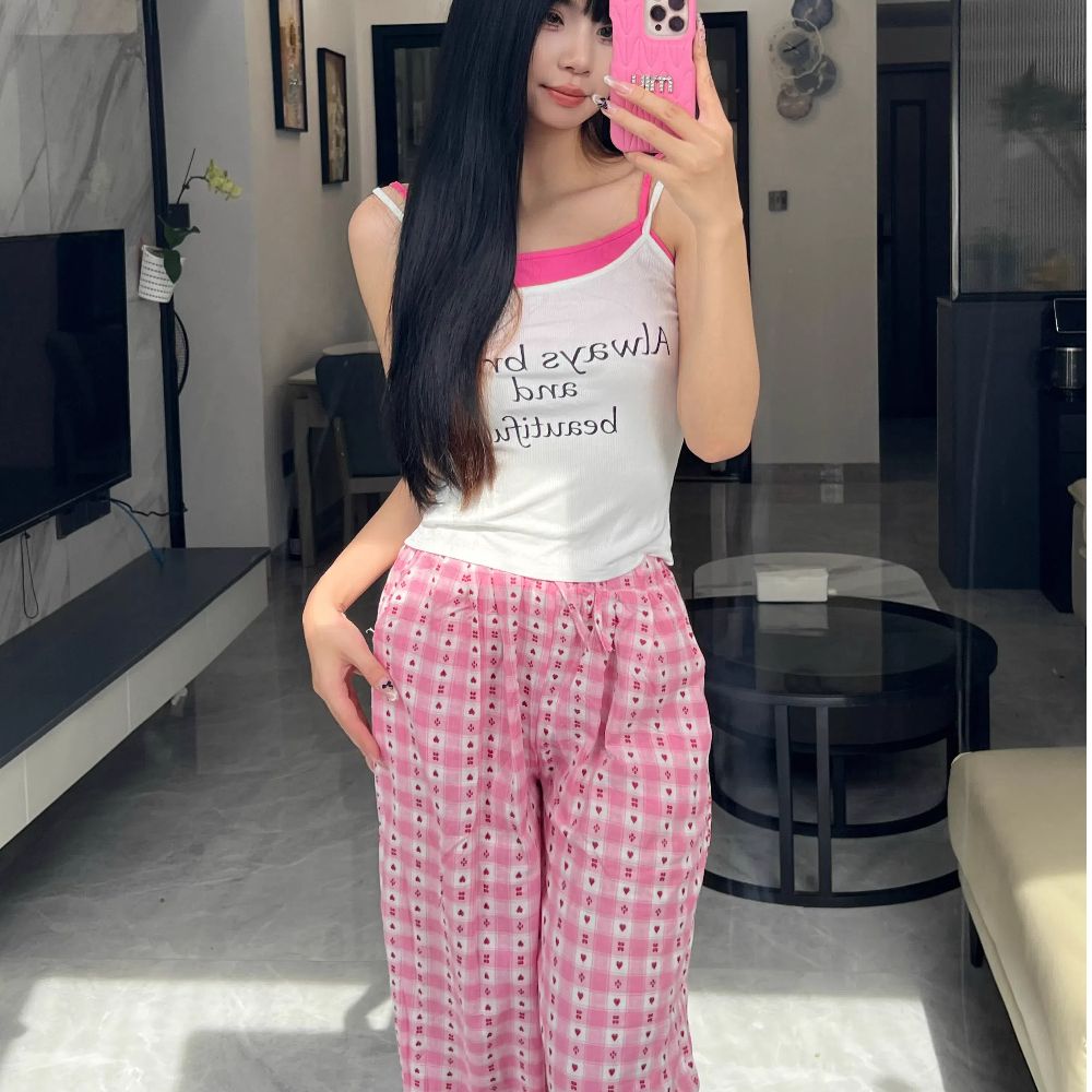 原版內腰包條美式辣妹穿搭粉色印花條紋長褲寬鬆顯瘦闊腿褲