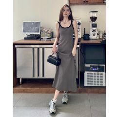 天貓質量撞色露背針織吊帶連衣裙韓版新款夏季收腰顯瘦中長款