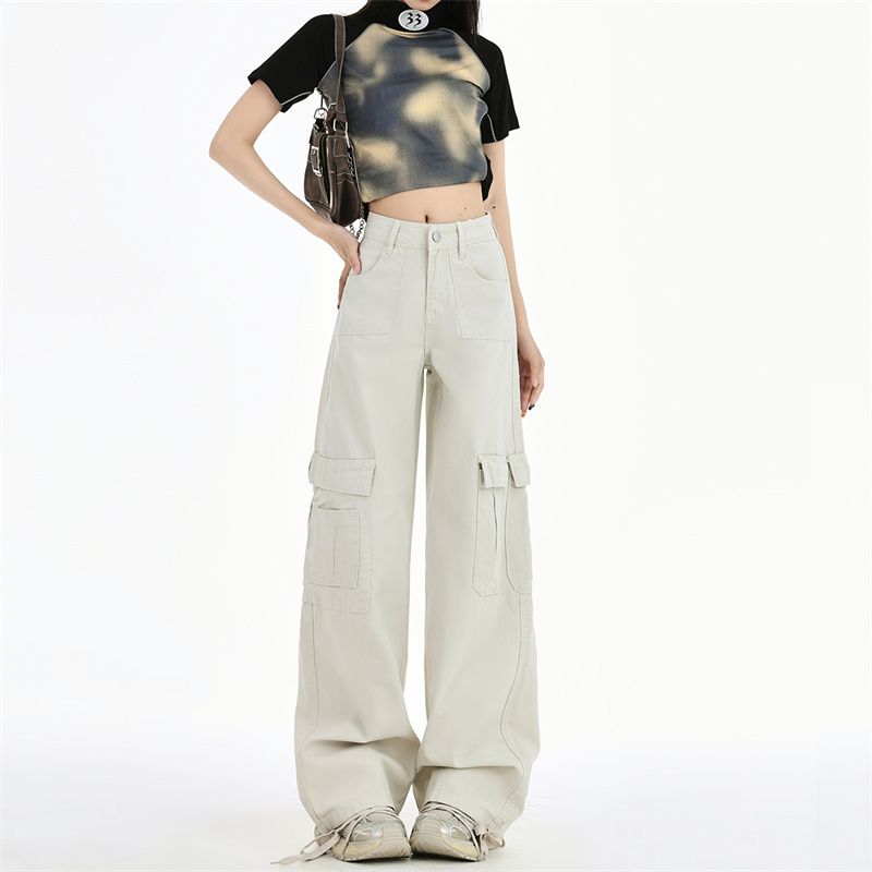 Real shot of 2025 spring fashion work jeans for women straight loose high waist slim casual narrow version wide-leg pants