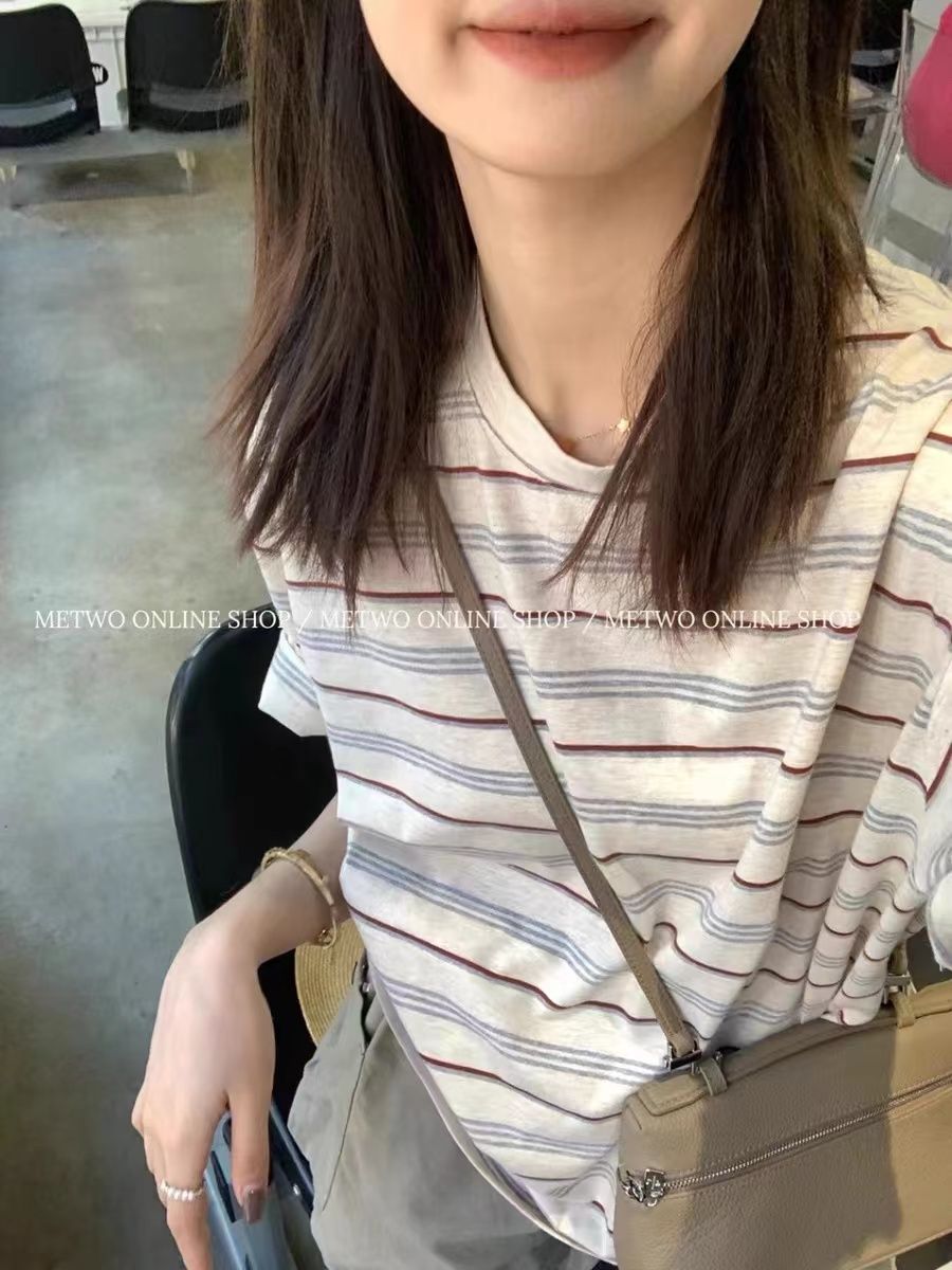 原版布料撞色條紋短袖t恤女寬鬆半袖顯瘦圓領體恤上衣