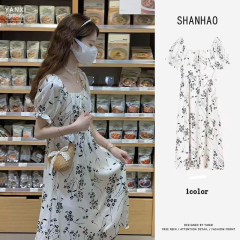 Original Version: High-end Tea Party French First Love Floral Print Dress for Women - Summer New Arrival Bubble Sleeve Long Dress