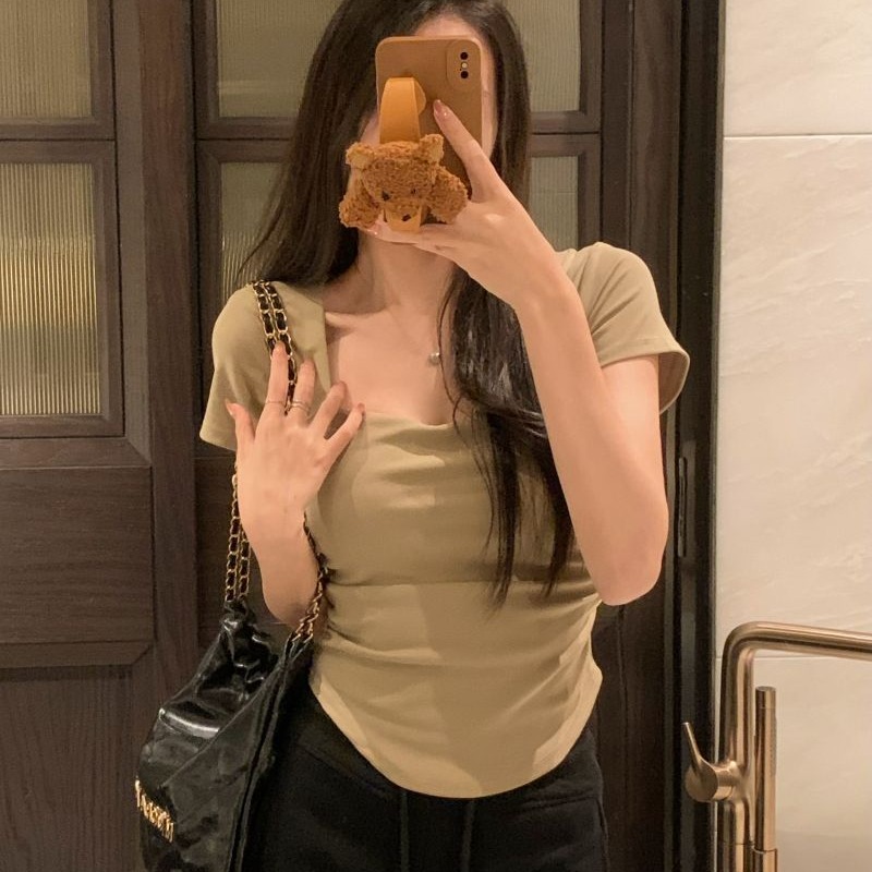 實拍 40支純棉210克92棉/8氨綸褶皺短袖T恤女桃心領
