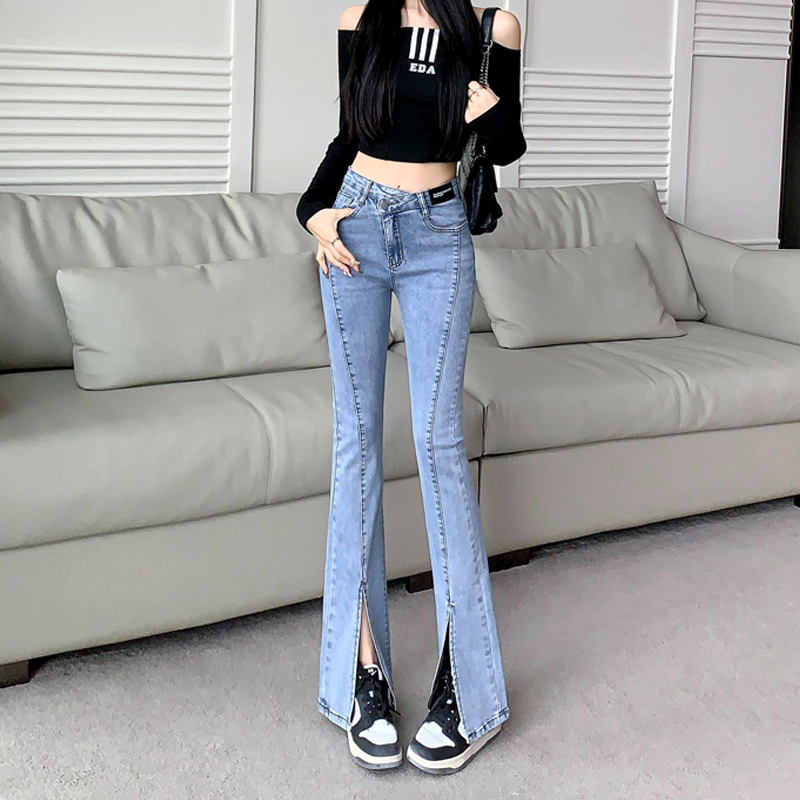 Exclusive to the small one!  Light blue elastic 2025 bell-bottom pants irregular slanted button hot girls versatile jeans for women