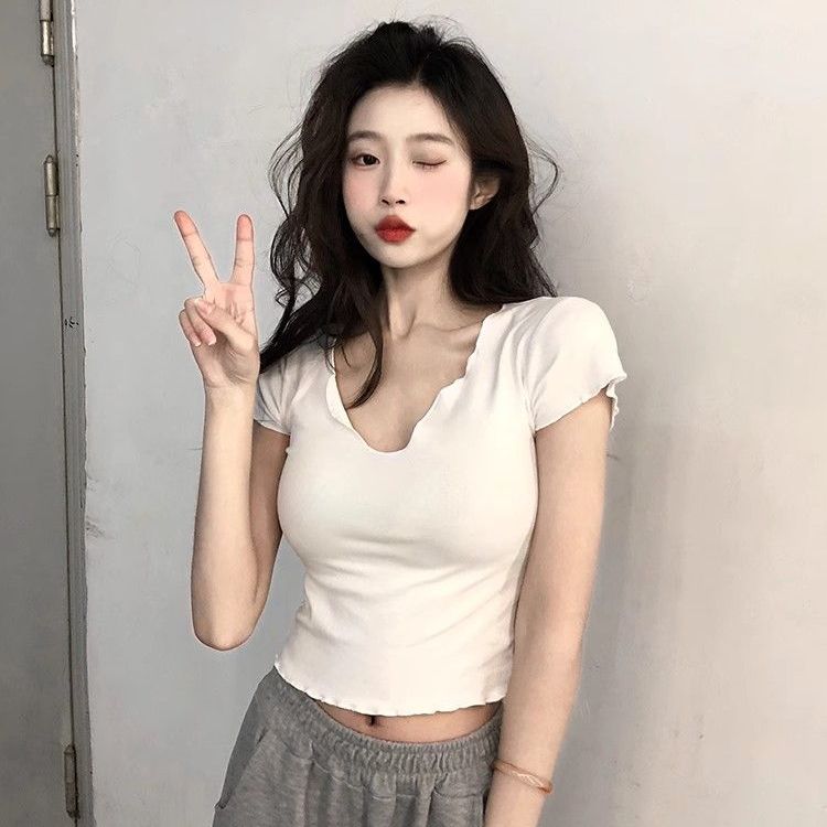 天貓質量純欲風露肩打底衫女夏季韓版2025新款修身短袖上衣